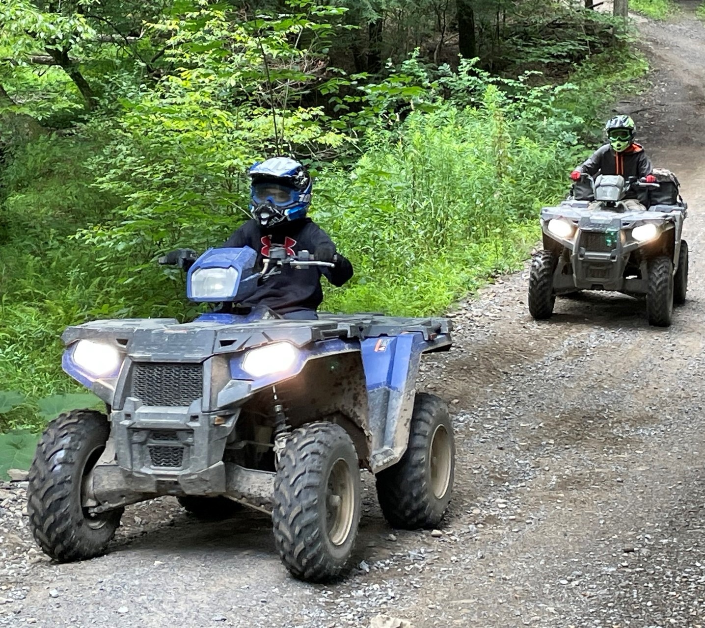 Two ATVs with riders on a gravel road surrounded by lush green forest.