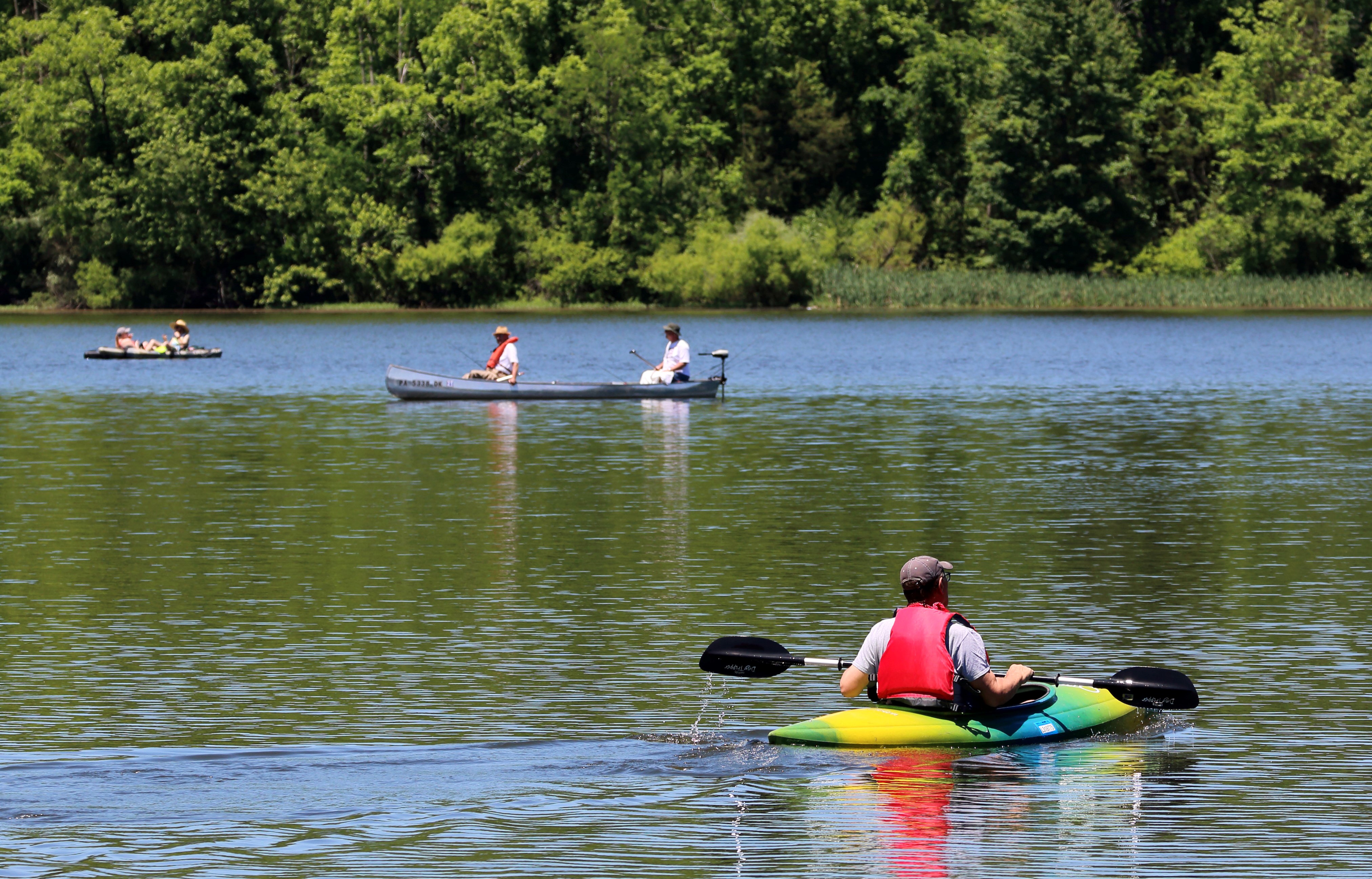 Three kayaks and canoes are being paddled in the lake surrounded by forest