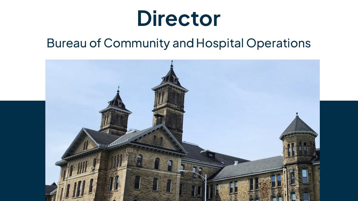 The outside of a hospital with words reading: "Director - Bureau of Community and Hospital Operations"