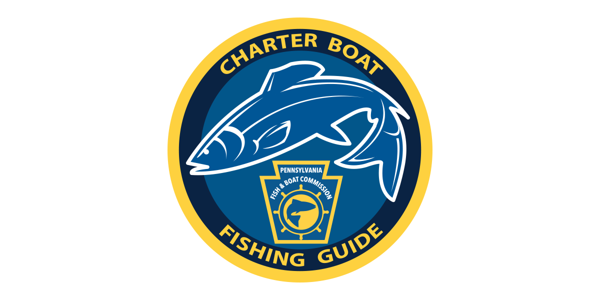 Blue circle outlined in yellow with a fish inside and the PFBC keystone logo with the words "Charter Boat Fishing Guide"