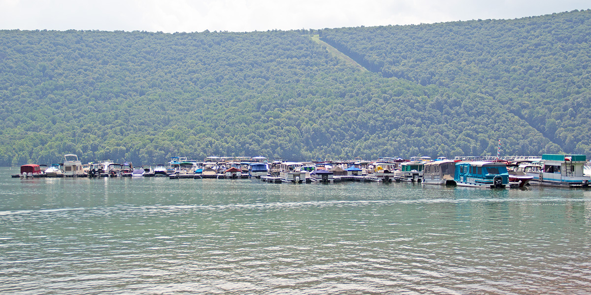 Wide shot of boats moored at the boat marina at Raystown Lake