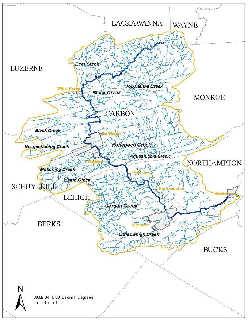 Illustration of the Lehigh River Watershed spanning across Berks, Bucks, Lackawanna, Lehigh, Luzerne, Monroe, Northampton, Schuylkill and Wayne Counties.