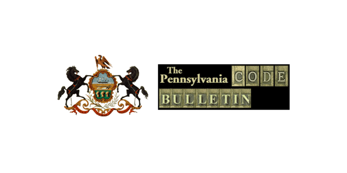 Pennsylvania coat of arms with two horses and a crest. And the Pennsylvania Code Bulletin logo