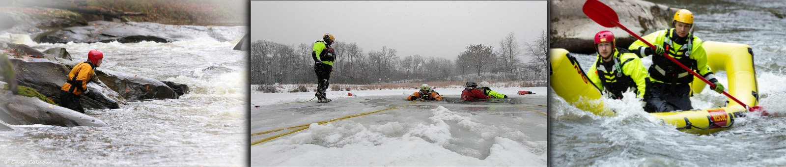 Three images depicting water rescue techniques:  on the ice and swiftwater rescue