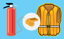 Illustrations of a red fire extinguisher, a yellow whistle and a yellow life jacket on a blue background