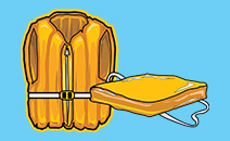 Illustration of a life jacket and a throwable on a blue background