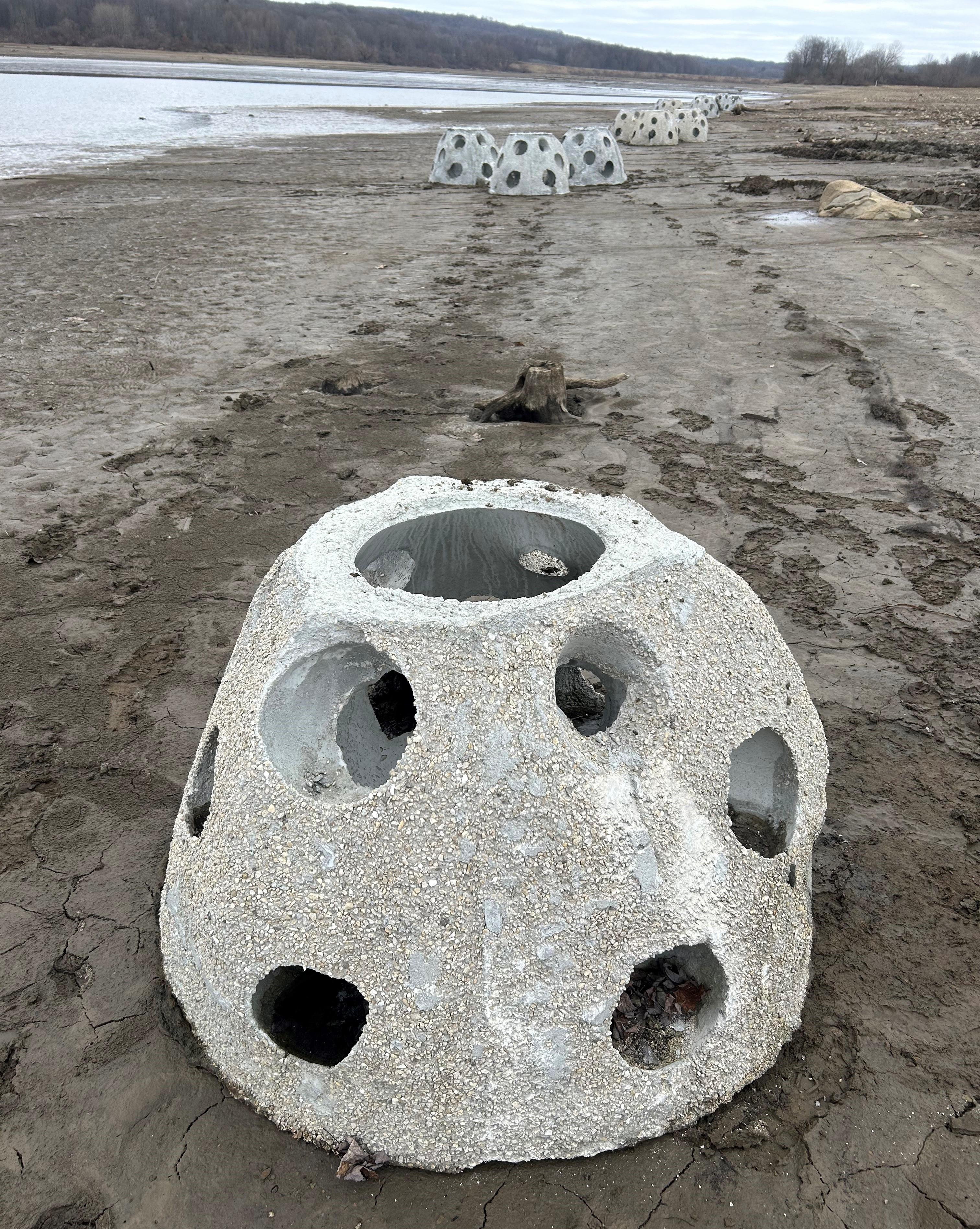 Close-up of a Concrete Reef Ball structure installed for habitat improvement at Woodcock Creek Lake.