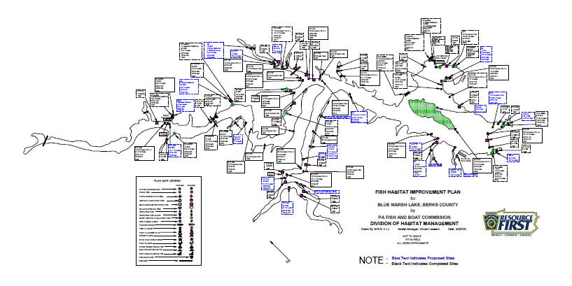 Blue Marsh Lake Habitat Improvement Map showcasing where habitat improvement projects have been installed in the lake.