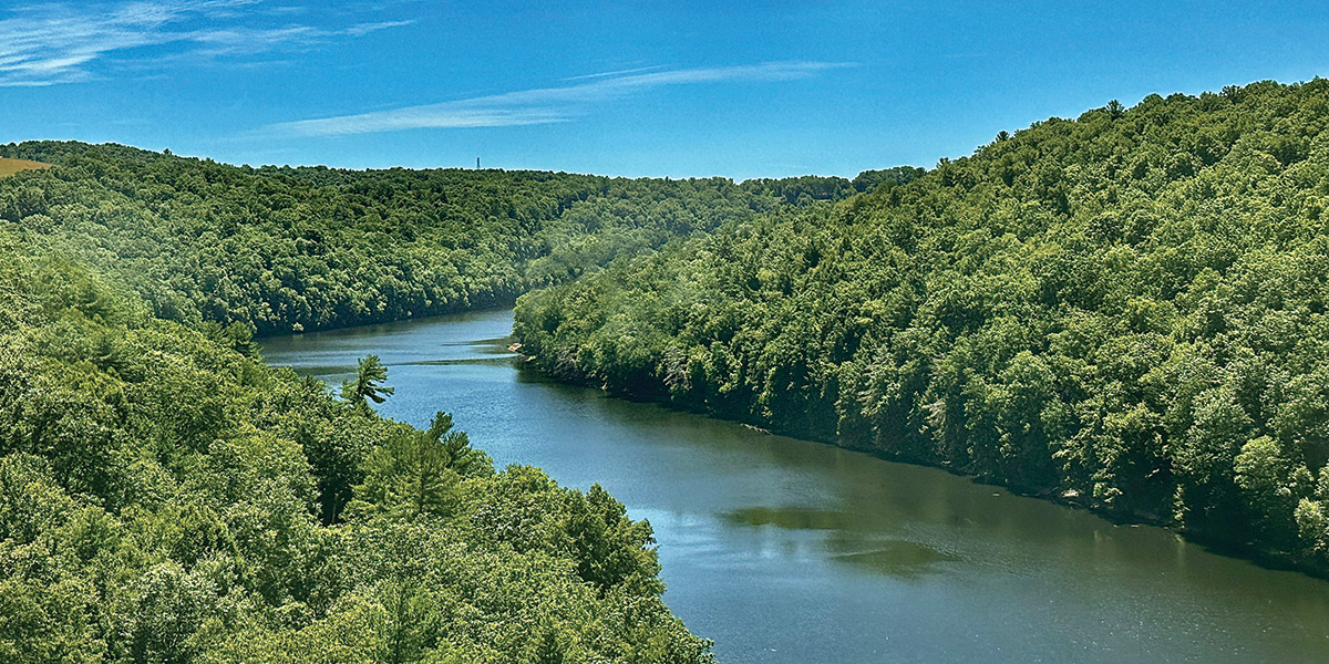 A wide, scenic shot of Pine Creek surrounded by greenery from above