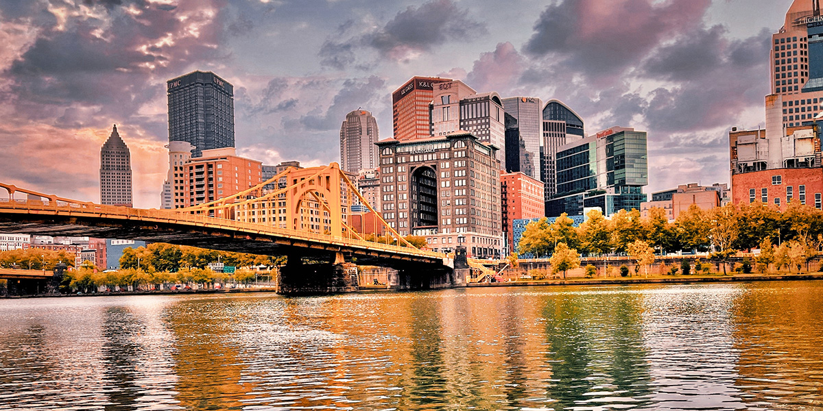 Wide shot of the Pittsburgh skyline from the Allegheny River in Southwest PA