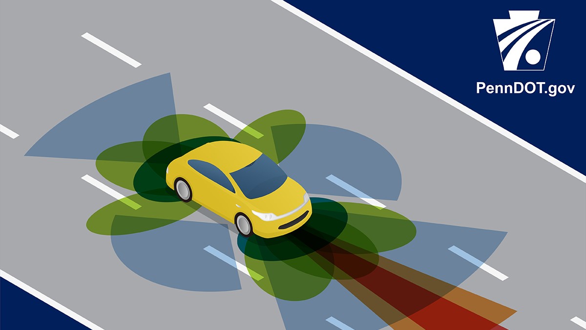 An infographic of a yellow automated vehicle driving on a highway with the PennDOT logo in the upper-right corner and the words â€œAutomated Vehicles: Guiding Their Safe, Efficient Development in Pennsylvania