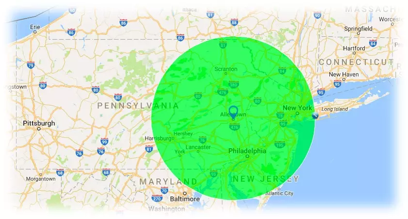 A screenshot of the website used to show the aftermath of a crash on a map, with a large green circle representing the area that is affected by a traffic incident.