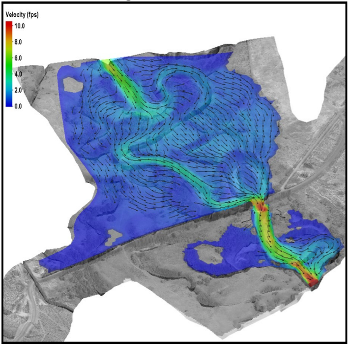 A digital image of the stream velocity of a creek