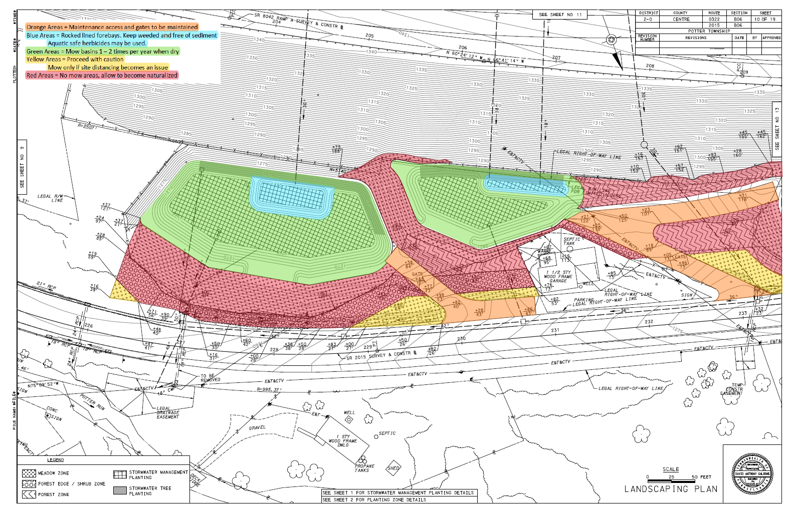 An image of a landscaping plan with color-coded areas showing area that can and cannot be mowed