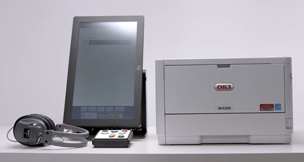Ballot marking device sitting on a table with headphones